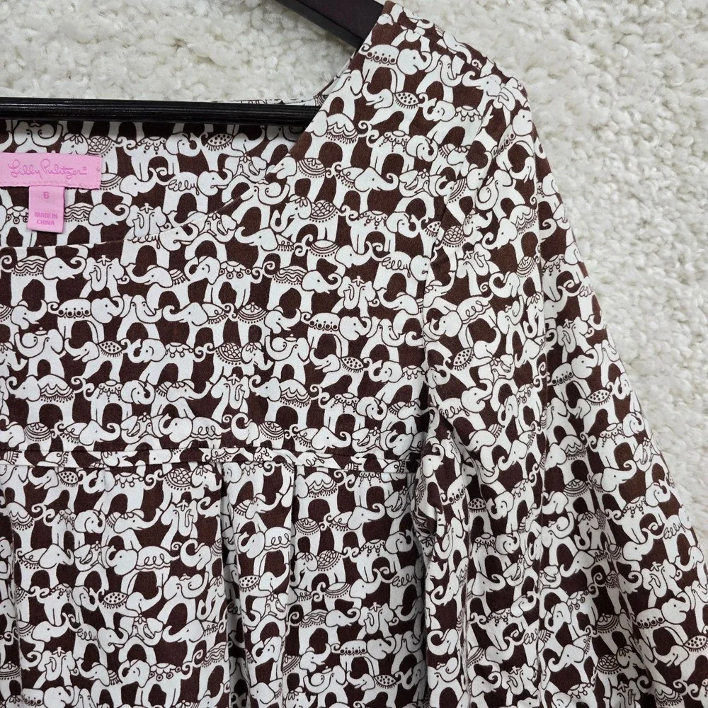 Lilly Pulitzer Top Women's Elephant Print Brown White Size 6 - Picture 3 of 14